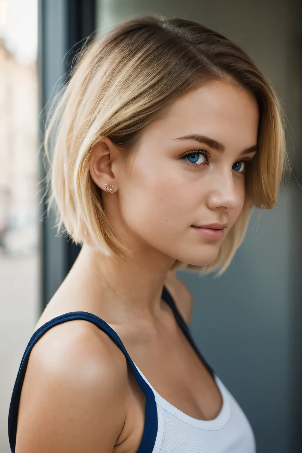 1girl, young, (full body photo), blond hair, short hair, dark blue eyes, (detailed face), (((side of face)))