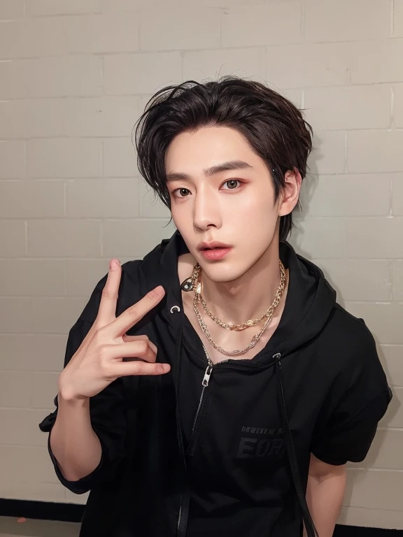 there is a man in a black shirt and a chain around his neck, cai xukun, Jinyoung Shin, Kim Doyoung, Jung Jaehyun, hyung tae, xqc, pintar ulzzang, taejune kim, Retrato de Jossi do Blackpink, Hong junho hyung, profile picture with headshot, cute japanese demon boy, Yanjun Chengt, marca ariana