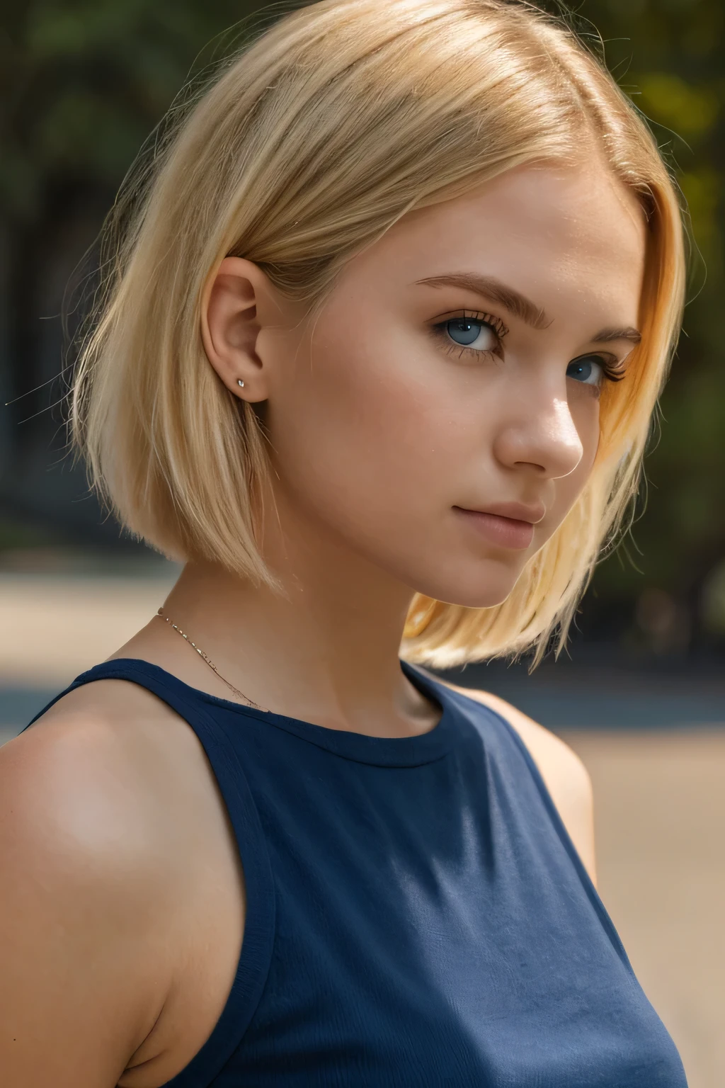 1girl, young, (full body photo), blond hair, short hair, dark blue eyes, (detailed face), (((side of face)))