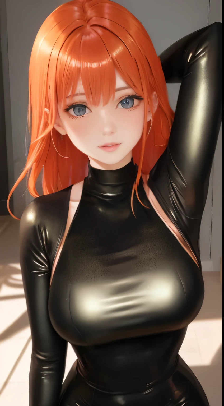 masterpiece, Best quality, ultra detailed, beautiful lighting, 1 girl, mother, orange hair, green eyes, freckles, turtleneck top, Looking at the viewer, Black latex leggings