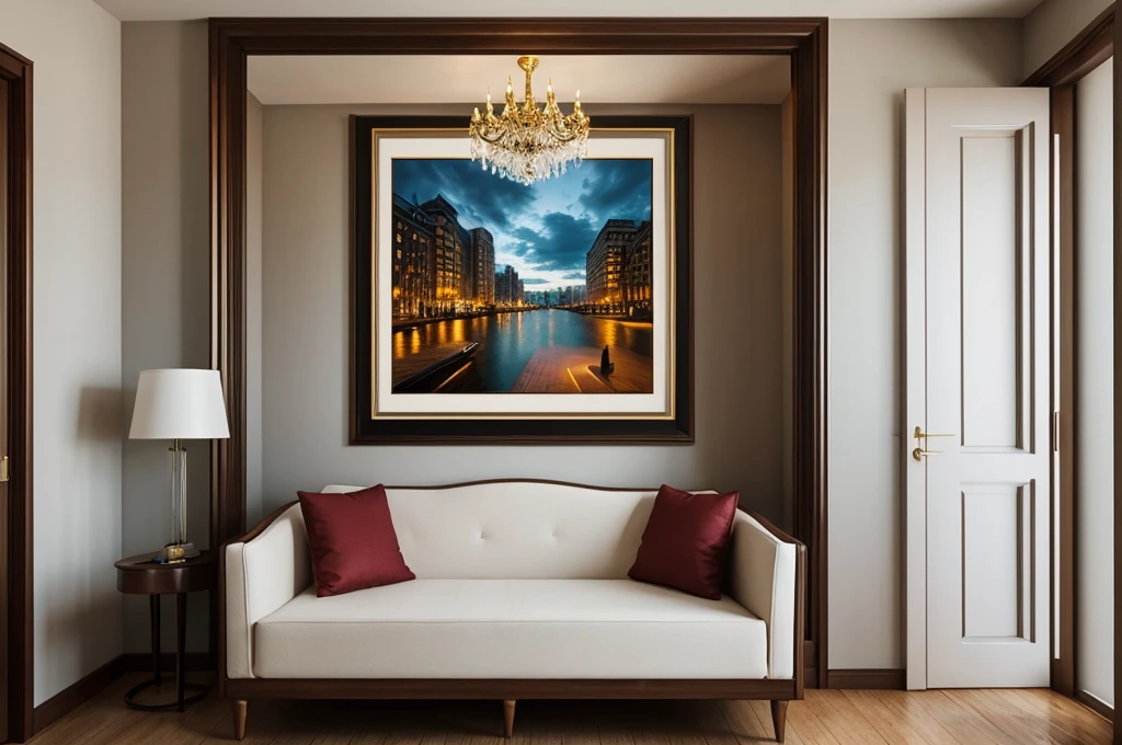 create realistic stunning, high quality, framed picture on the wall in elegant interior, front view, soft light