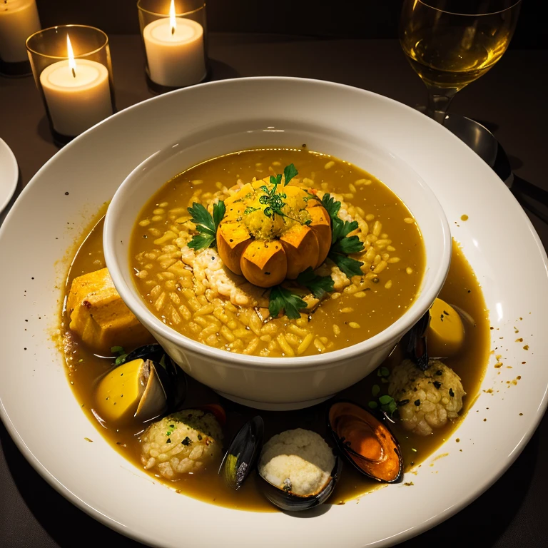 masterpiece,chef, pumpkin_carving, artistic_presentation, truffle_vegetable_soup, seafood_risotto, pumpkin_pudding, candlelit_ambiance, warm_light, gourmet_experience, culinary_art