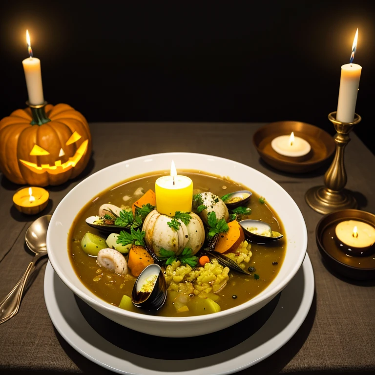 masterpiece,chef, pumpkin_carving, artistic_presentation, truffle_vegetable_soup, seafood_risotto, pumpkin_pudding, candlelit_ambiance, warm_light, gourmet_experience, culinary_art