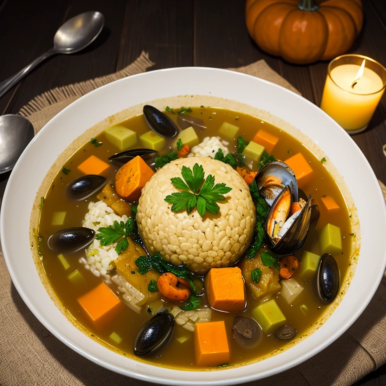 masterpiece,chef, pumpkin_carving, artistic_presentation, truffle_vegetable_soup, seafood_risotto, pumpkin_pudding, candlelit_ambiance, warm_light, gourmet_experience, culinary_art