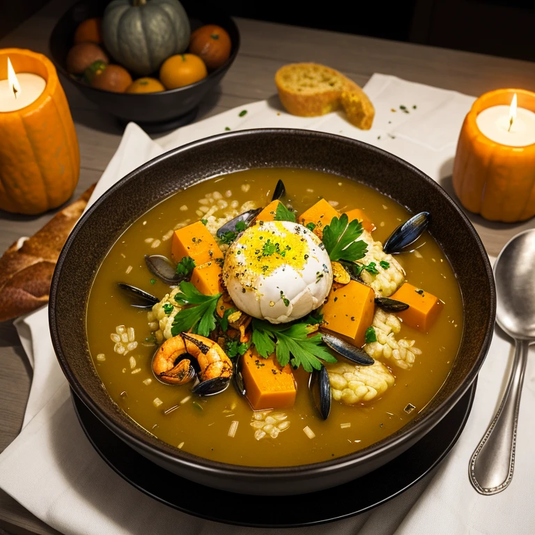 masterpiece,chef, pumpkin_carving, artistic_presentation, truffle_vegetable_soup, seafood_risotto, pumpkin_pudding, candlelit_ambiance, warm_light, gourmet_experience, culinary_art