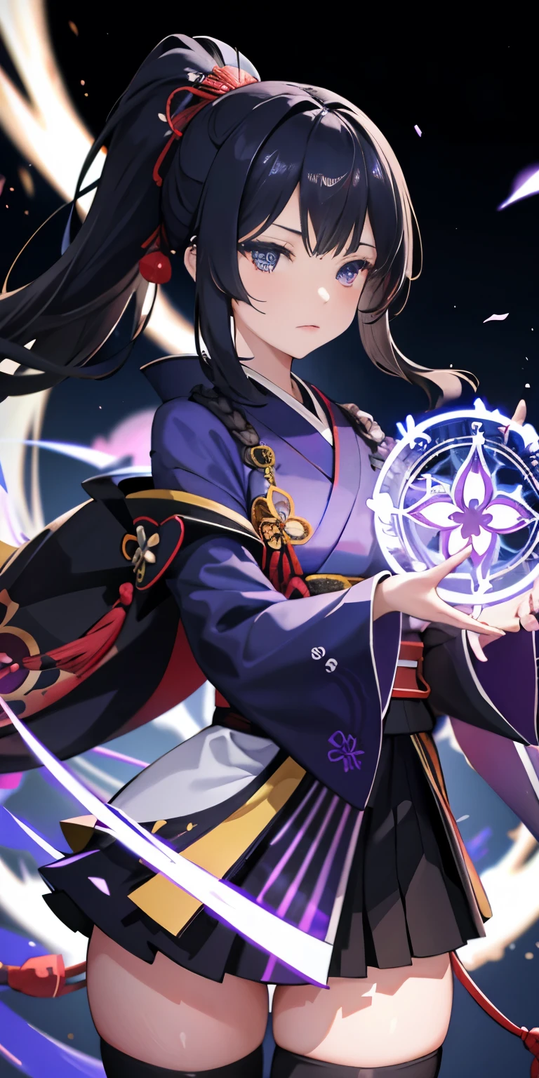 girl, kimono, ponytail ,black hair, blue eyes, magic circle, purple fire, wallpaper, landscape, blood splatter, Depth of bounds written, night, particles of light, light, side light, thighs, destiny, genshin impact, open jacket, white skirt, Thighhighs, cloud