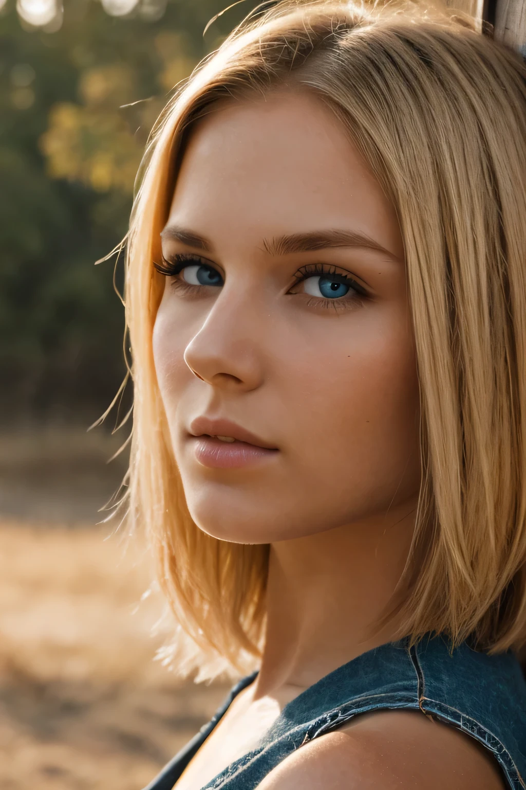 1girl, young, blond hair, short hair, dark blue eyes, (detailed face), ((side of face)), (cowboy shot)