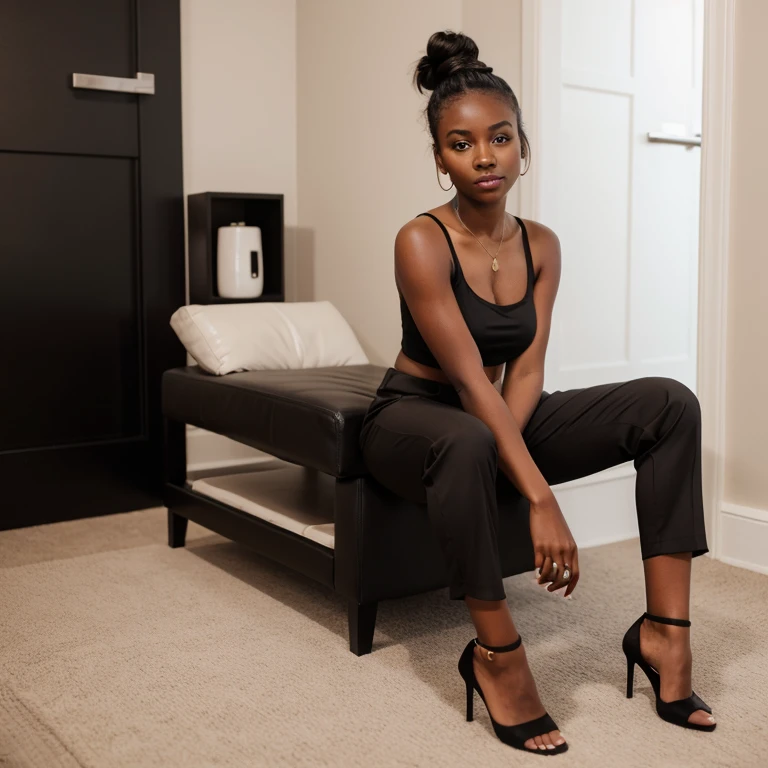 melanin girl with hair in a bun wearing a top and pants posing for a picture with nice heel shoes ready for a night out