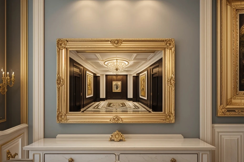 create realistic stunning, high quality, framed picture on the wall, colose up view in elegant bright, classic interior, front view, soft light