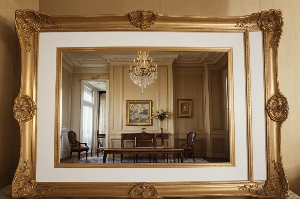 create realistic stunning, high quality, framed picture on the wall, colose up view in elegant bright, classic interior, front view, soft light
