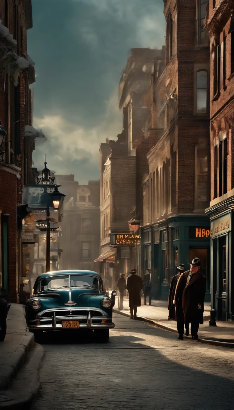 a street scene with moderate traffic, people in cars and pedestrians alongside the sidewalk, most shops open but a few closed, detective police starting an investigation, a grave digger returning from work --ar 9:18, high detail, Social realism, film grain, high quality