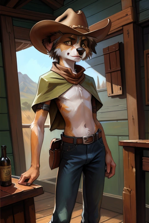 solo, ((Australian shepard)), male, slender, ((twink)), detailed, uploaded to e621, beautiful and detailed portrait of an anthropomorphic boy, short hair, kenket, uploaded to e621, digitigrade legs, very fluffy detailed fur, angry, fluffy tail, ribs and hip bones, detailed fluffy hips, (cowboy outfit, poncho, tight blue jeans, holster), western saloon,