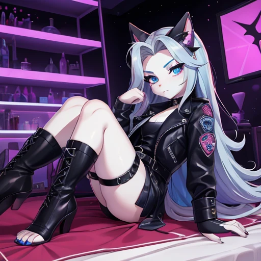 perfect feet, Loona stands out in the world of Helluva Boss with her distinctive appearance. Her purple and blue fur gives her a striking and original look. The color combination extends to her tail, adding a playful touch to her image. She wears a leather jacket that reflects her rebellious attitude, and her facial expression often reveals her characteristic sarcasm. Her heterochromatic eyes, one blue and the other yellow, highlight her uniqueness. Overall, Loona presents a unique and memorable aesthetic in the visually rich universe of Helluva Boss, barefoot.