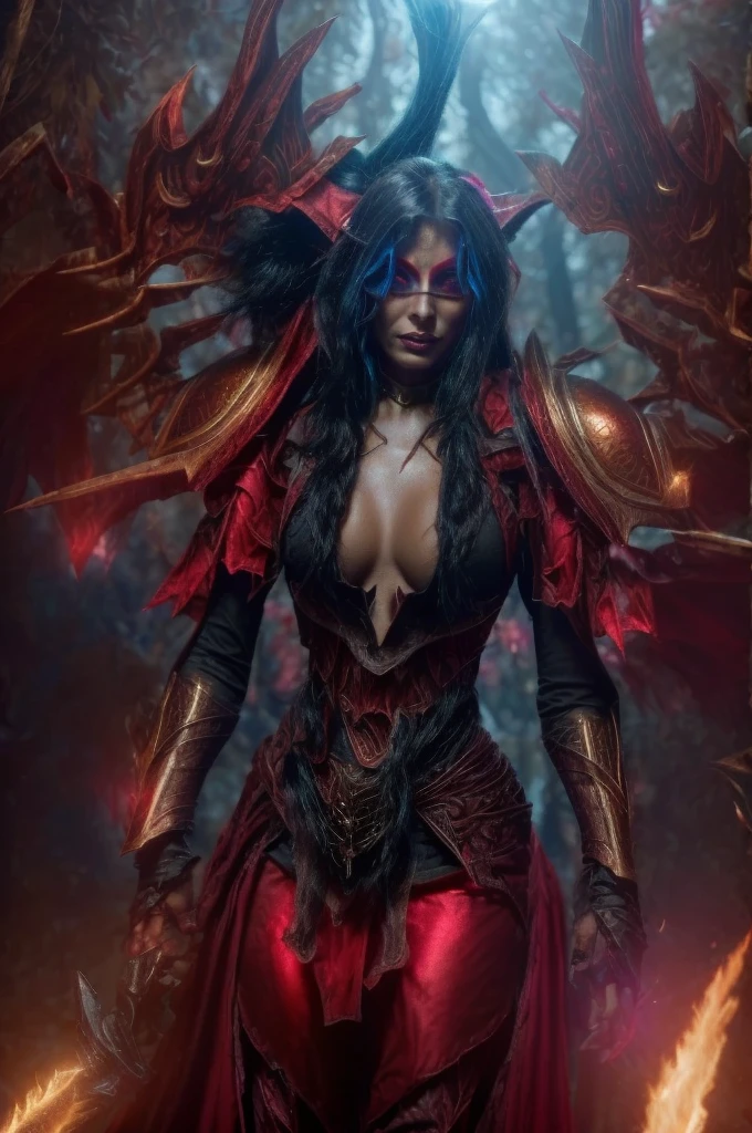 arafed female in a red and gold outfit walking down a path, sylvanas windrunner, north  female warrior, intimidating woman, alexstrasza, black fire color reflected armor, north female warrior, from world of warcraft, female revenant, appears as the fire goddess, fuchsia skin below the armor, deathknight, wearing cloak on blasted plain