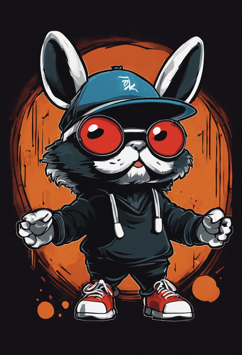arte da camiseta, 2D, ((fundo preto :1, 5)), vetor, vivid colors, Funny character coelho personagem COM roupa ESTILO hip hop , melhor qualidade, detalhes intrincados, Realistic details, luz de aro, cinematic shading, Greg Rutkowisk,