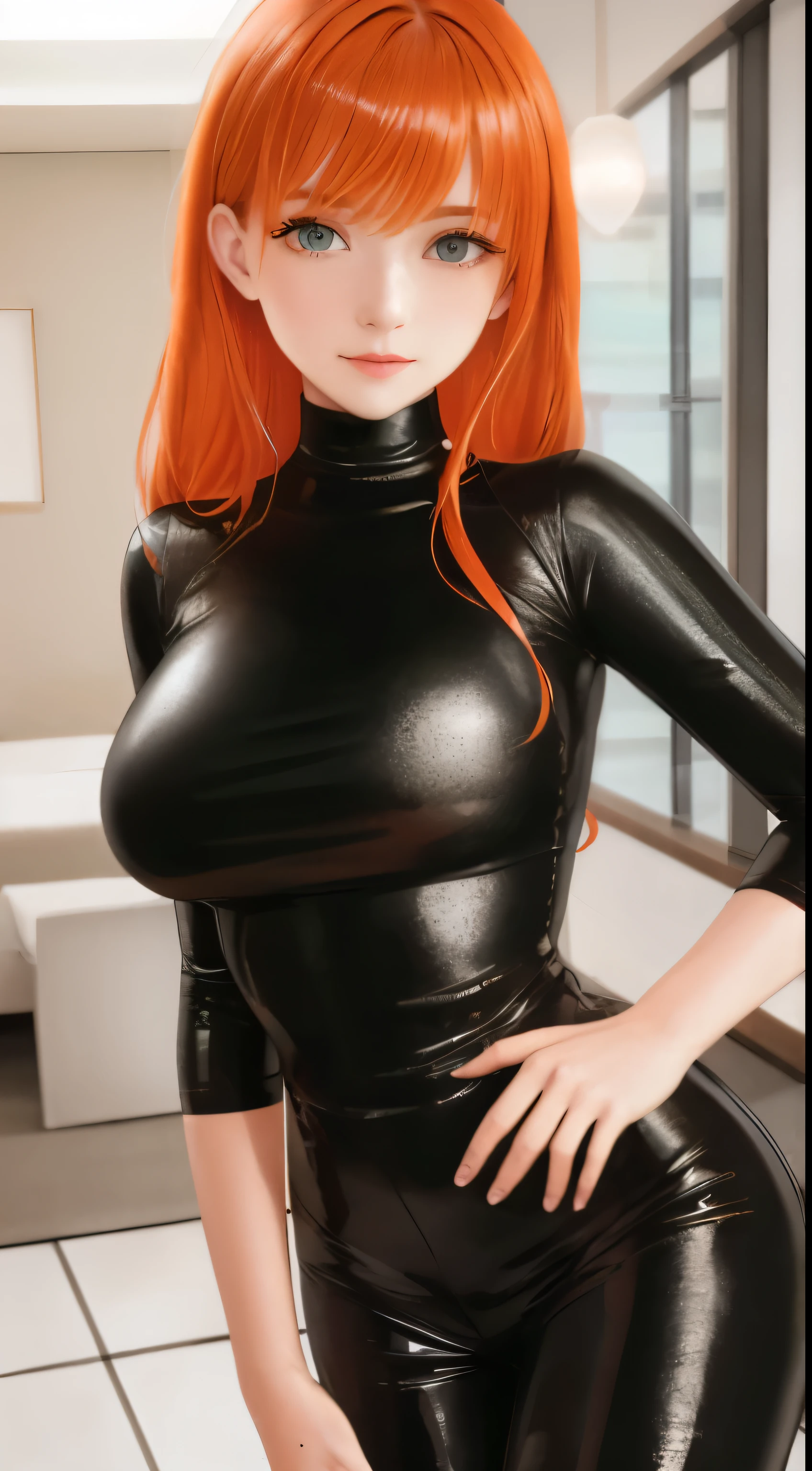 masterpiece, Best quality, ultra detailed, beautiful lighting, 1 girl, mother, orange hair, green eyes, freckles, turtleneck top, Looking at the viewer, Black latex leggings