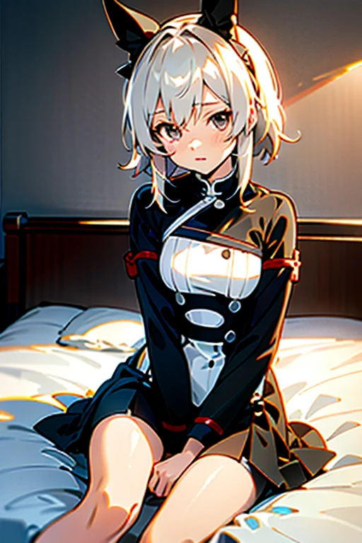 anime girl sitting on bed，There is a cat on his lap, Kantai Collection Style, From Dolls Frontline, perfect white haired girl, azur lane style, girls front line style, Cute girl anime visual, small curvaceous loli, anime moe art style, Smooth anime CG art, cute anime girl, white haired god, Best Anime 4K Kona-chan Wallpaper,CurrenChan