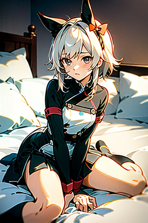 anime girl sitting on bed，There is a cat on his lap, Kantai Collection Style, From Dolls Frontline, perfect white haired girl, azur lane style, girls front line style, Cute girl anime visual, small curvaceous ****, anime moe art style, Smooth anime CG art, cute anime girl, white haired god, Best Anime 4K Kona-chan Wallpaper,CurrenChan