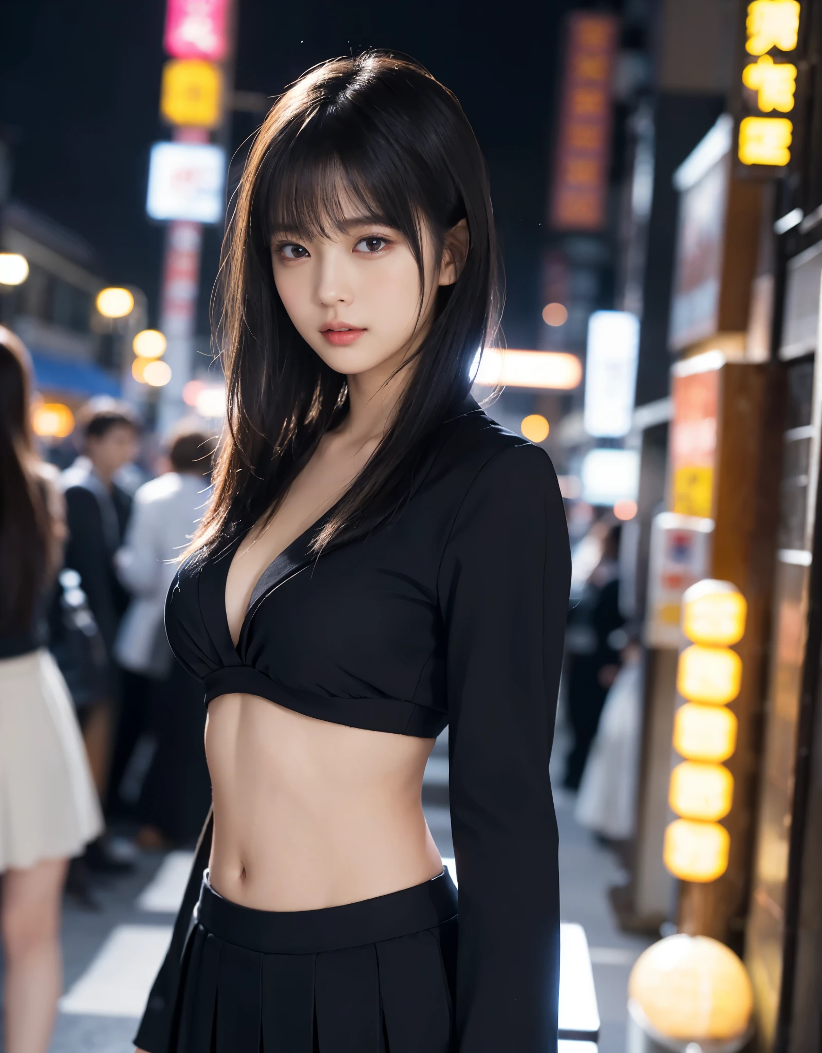(backlighting,navel:1.1,black hair),A beautiful woman wearing school uniform on the bustling streets of Gintama, surrounded by vendors, beautiful portrait of a stunning goddess girl, beautiful detailed face, porcelain skin, half body shot, centered,((moonlight,night,big neons,strong neon lighting,rim lighting,two tone lighting))),