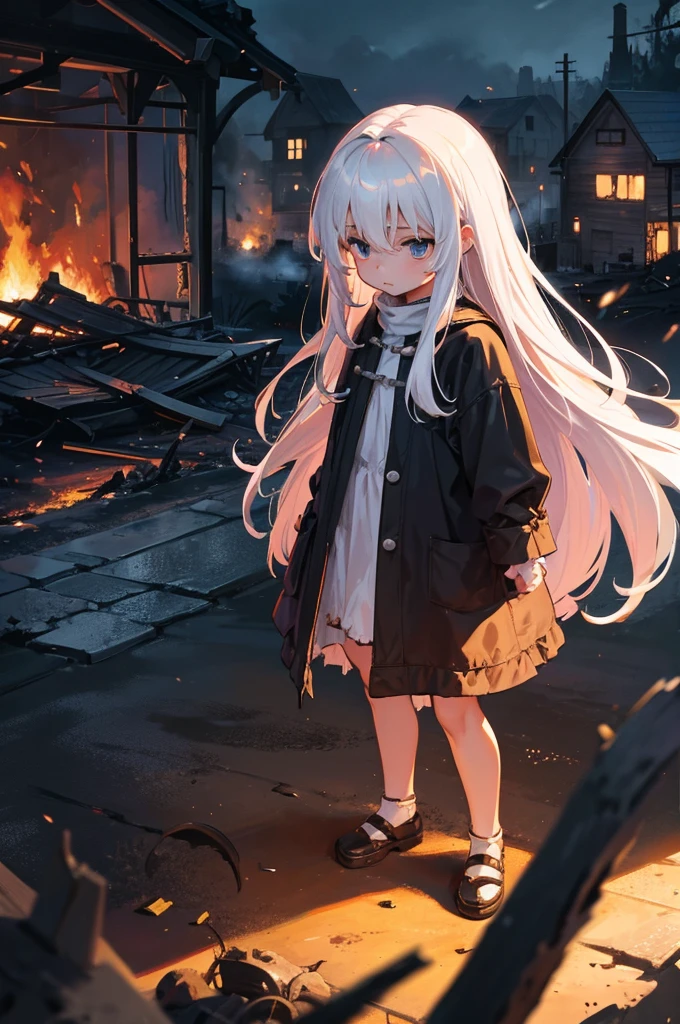 child with long white hair, holding hear teddy, destroyed old village, war, night, burning houses