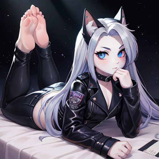 perfect feet, Loona stands out in the world of Helluva Boss with her distinctive appearance. Her purple and blue fur gives her a striking and original look. The color combination extends to her tail, adding a playful touch to her image. She wears a leather jacket that reflects her rebellious attitude, and her facial expression often reveals her characteristic sarcasm. Her heterochromatic eyes, one blue and the other yellow, highlight her uniqueness. Overall, Loona presents a unique and memorable aesthetic in the visually rich universe of Helluva Boss, , loli girl