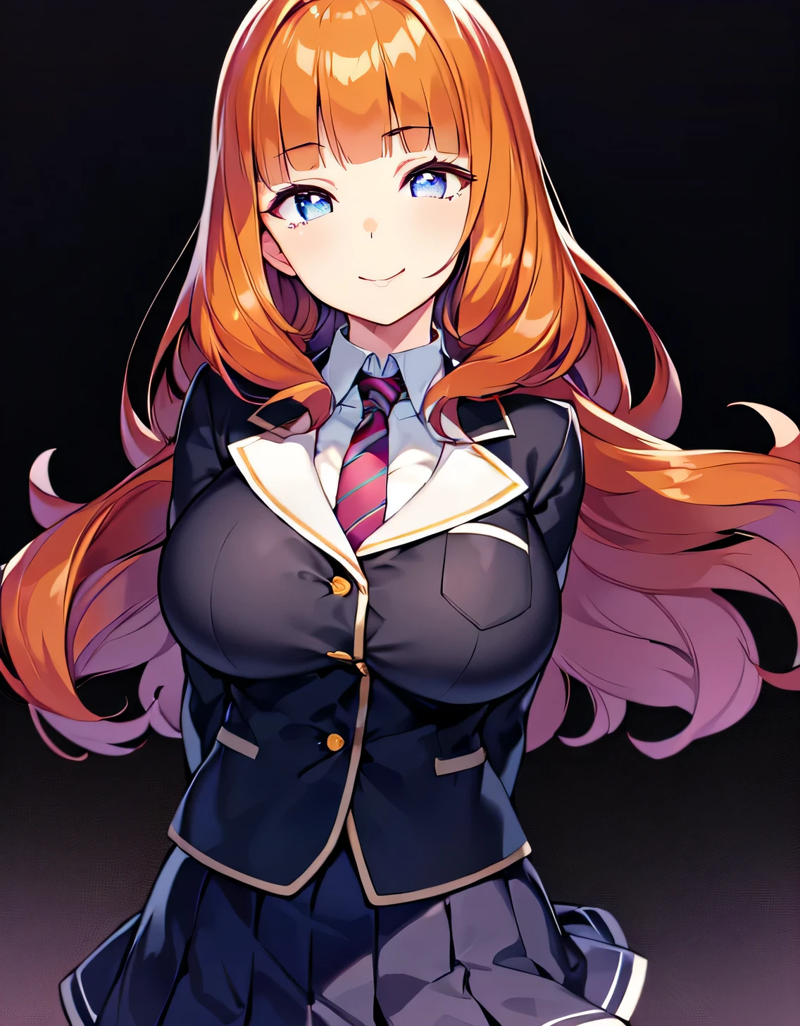 Anju Yuuki,(long hair:0.6), school uniform, white blazer, long sleeve, stripe tie, pleated skirt,(big breasts:1.5),looking at the viewer,Are standing,((masterpiece)),((highest quality)),perfect anatomy,8K UHD,highly detailed face,luster and luster,((1 girl)),((alone)),(beautiful and fine eyes:1.5),perfect image,(Upper body:1.1),(look ahead:1.1),turn your arms behind your back,slim waist,shiny hair,smile,classroom,dull bangs,purple eyes,orange hair,(Super detailed),