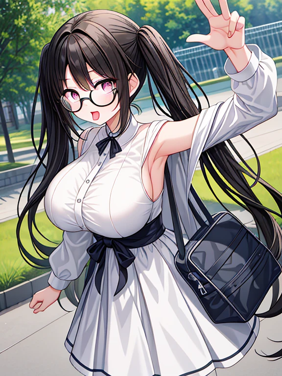 very detailed、masterpiece、high quality、one high school girl、10 years old、****、White dress,(black hair):1.2 Otaku,black hair, (pink eyes),(glasses), change,twin tails,sassy change，cheey change,girl,天才girl、(big breast):1.1,(blush):1.1、mouth slightly open,Daytime park background