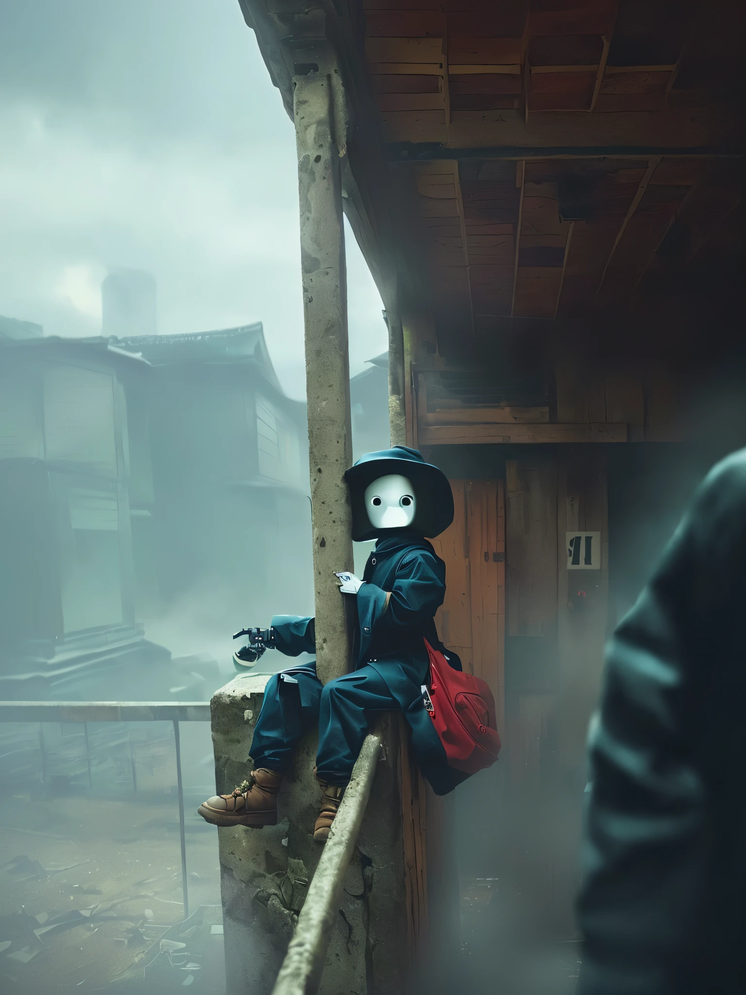there is a robotic ??? with no face, wearing a coat and hat, creepy and disfigured, sitting on a rail, around a pole, in old building, under a shed, robotic face, There is a silver robotic girl, creepy, looking towards camera,broken statue,  traditional japanese concept art, andreas rocha style, stylized fantasy artwork, anime epic artwork, detailed render