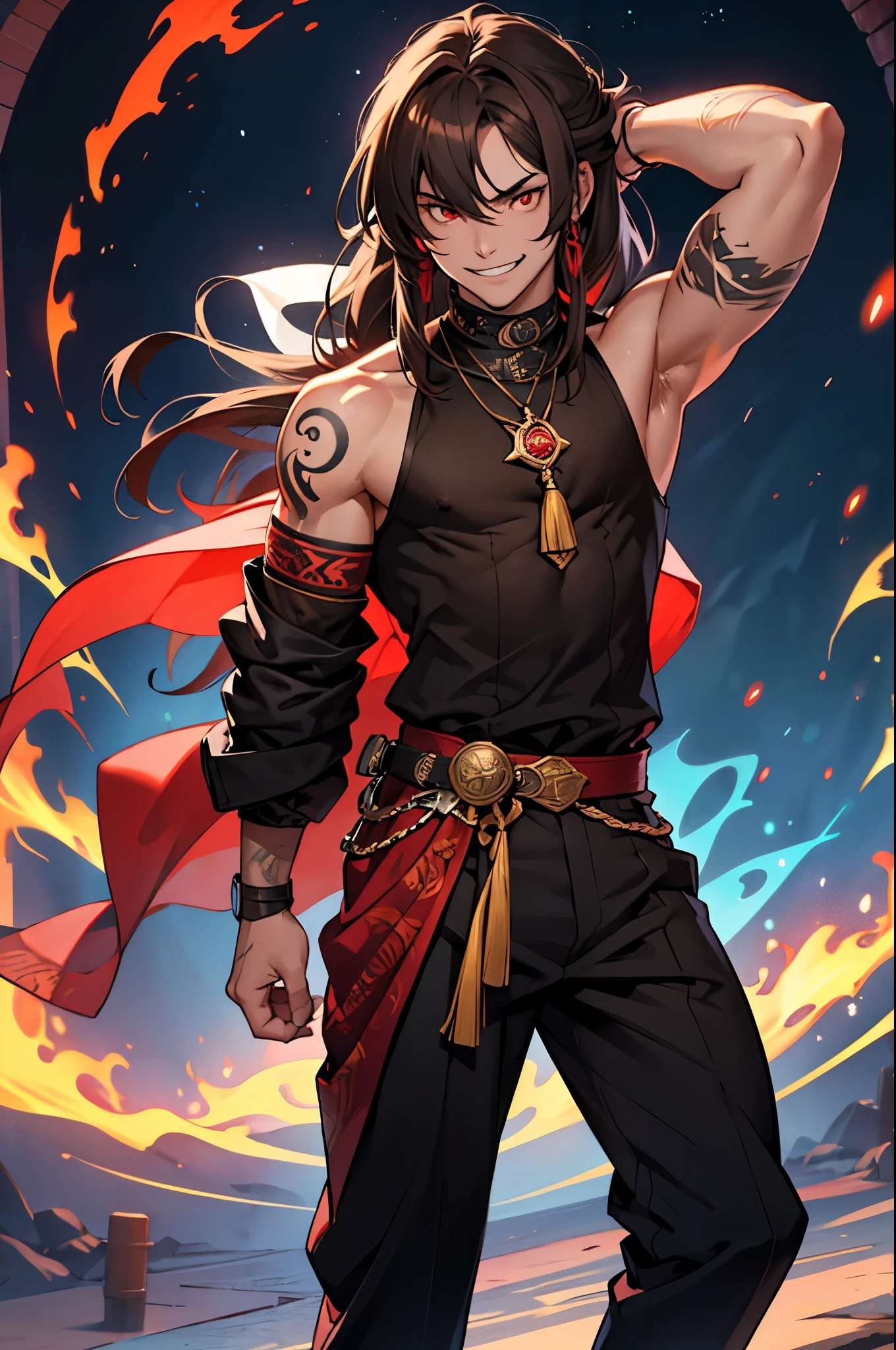 solo, Looking at the viewer, grin, long hair, shoulder length hair, Small bangs , Dark brown hair, (tattoo on the arm:1.2), bright red eye color, Closed mouth, standing, full length, Boy's trick, grin, Facing viewer, neck open, Athletic body,(Magic:1.3), (aura:1.3), boy, Masculine facial features, boy, brawn, boy, , suction atom, barrier, teenager, fucking magician