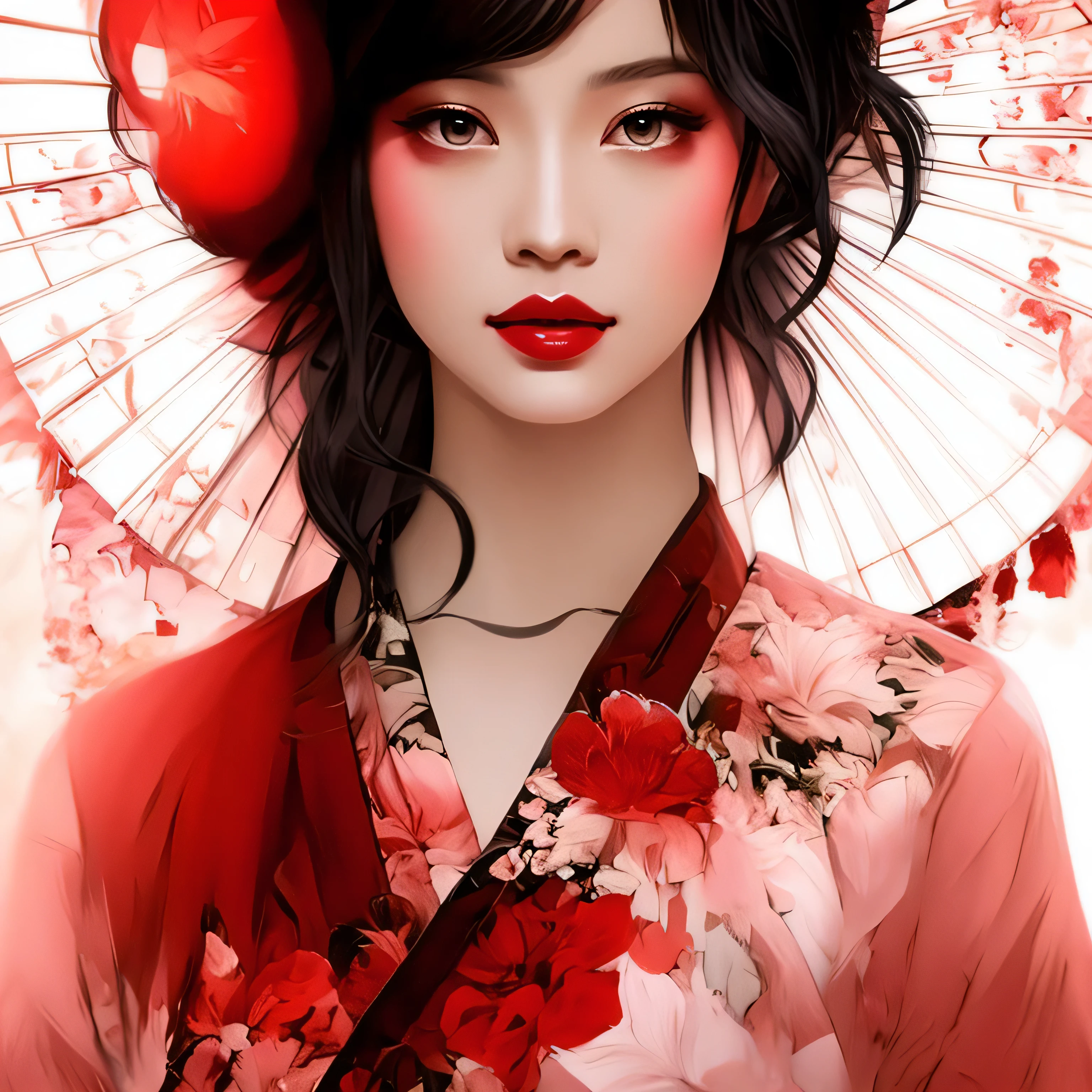 painting of a woman with a red flowered umbrella and a black and white background, ross tran 8 k, beautiful digital artwork, artwork in the style of guweiz, stunning digital illustration, beautiful digital illustration, wlop and ross tran, ross tran style, gorgeous digital painting, by Ross Tran, geisha, jingna zhang, beautiful digital painting