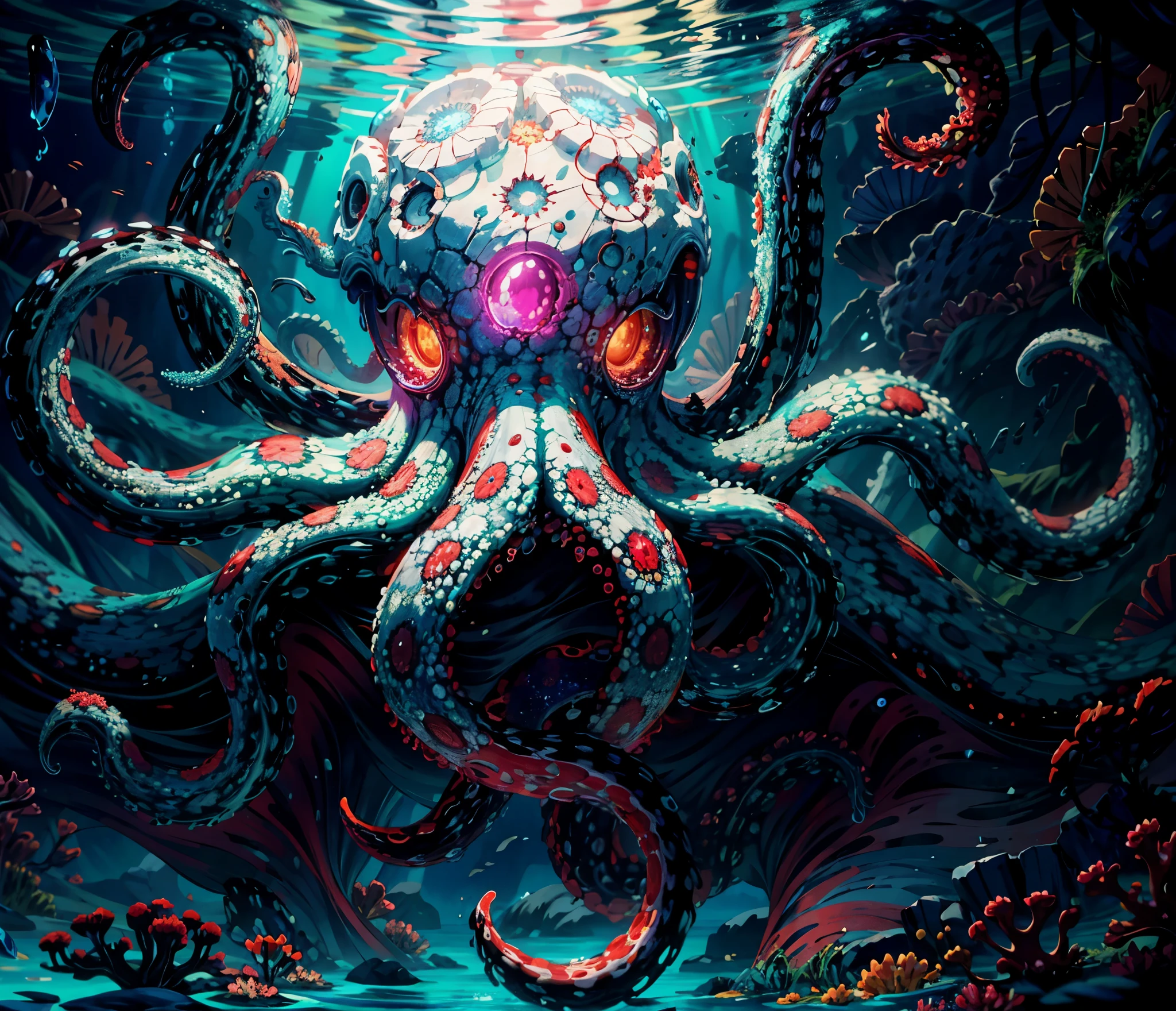 close shot of a mythical colorful octopus, big tentacles, shiny multicolored skin, detailed tentacles, detailed skin, the octopus swimming under the sea, looking at viewer with the glowing eyes, blue and red and white glowing part on the skin, crystal, coral ,clear water,focus, alien underwater landscape background .BREAK,Detailed,Realistic,4k highly detailed digital art,octane render, bioluminescent, BREAK 8K resolution concept art, realism,by Mappa studios,masterpiece,best quality,official art,illustration,ligne claire,(cool_color),perfect composition,absurdres, fantasy,focused,rule of thirds,