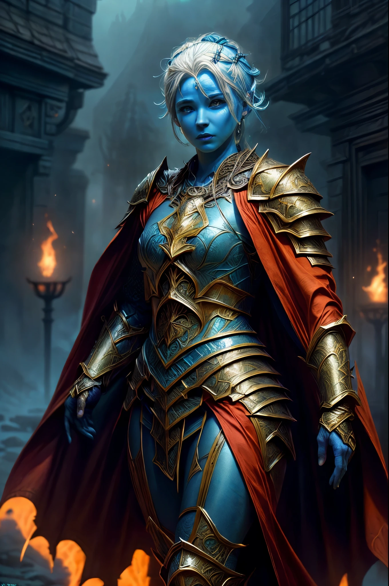 fantasy art, dnd art, RPG art, wide shot, (masterpiece: 1.4) portrait, intense details, highly detailed, photorealistic, best quality, highres, portrait a vedalken female (fantasy art, Masterpiece, best quality: 1.3) ((blue skin: 1.5)), intense details facial details, exquisite beauty, (fantasy art, Masterpiece, best quality) cleric, (blue colored skin: 1.5) 1person blue_skin, blue skinned female, (white hair: 1.3), long hair, intense green eye, ((no ears: 1.6)), fantasy art, Masterpiece, best quality) armed a fiery sword red fire, wearing heavy (white: 1.3) half plate mail armor CM-Beautiful_armor, wearing high heeled laced boots, wearing an(orange :1.3) cloak, wearing glowing holy symbol GlowingRunes_pink, within fantasy temple background, reflection light, high details, best quality, 16k, [ultra detailed], masterpiece, best quality, (extremely detailed), close up, ultra wide shot, photorealistic, RAW, fantasy art, dnd art, fantasy art, realistic art,((best quality)), ((masterpiece)), (detailed), perfect face