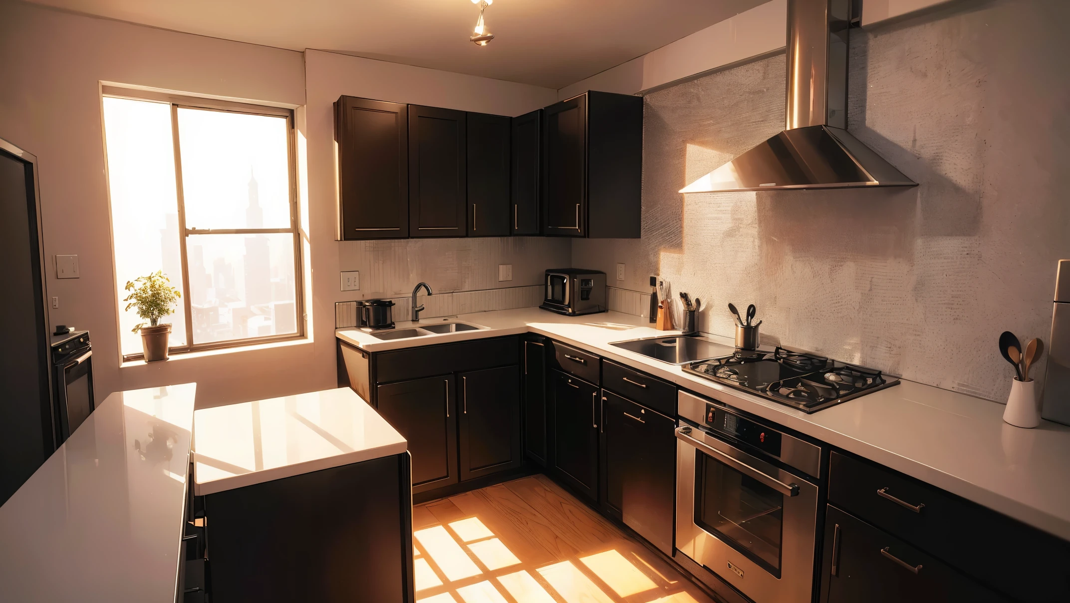 (absurd), (8k resolution), (high resolution), (ultra detailed), (vivid colors), (wallpaper), (perfect lighting), (perfect shadows), (masterpiece), (best quality), Create an anime style room from a kitchen in a normal apartment, it should look simple and modest, there should not be any characters inside the kitchen