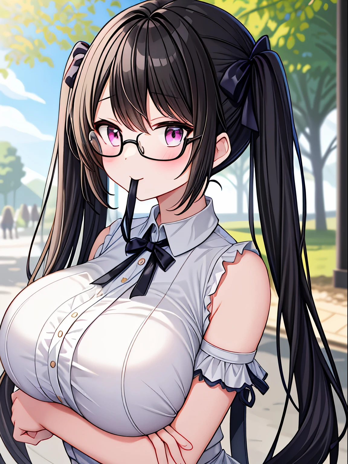 very detailed、masterpiece、high quality、one high school girl、10 years old、****、White dress,(black hair):1.2 Otaku,black hair, (pink eyes),(glasses), change,twin tails,sassy change，cheey change,girl,天才girl、(big breast):1.1,(blush):1.1、mouth slightly open,Daytime park background