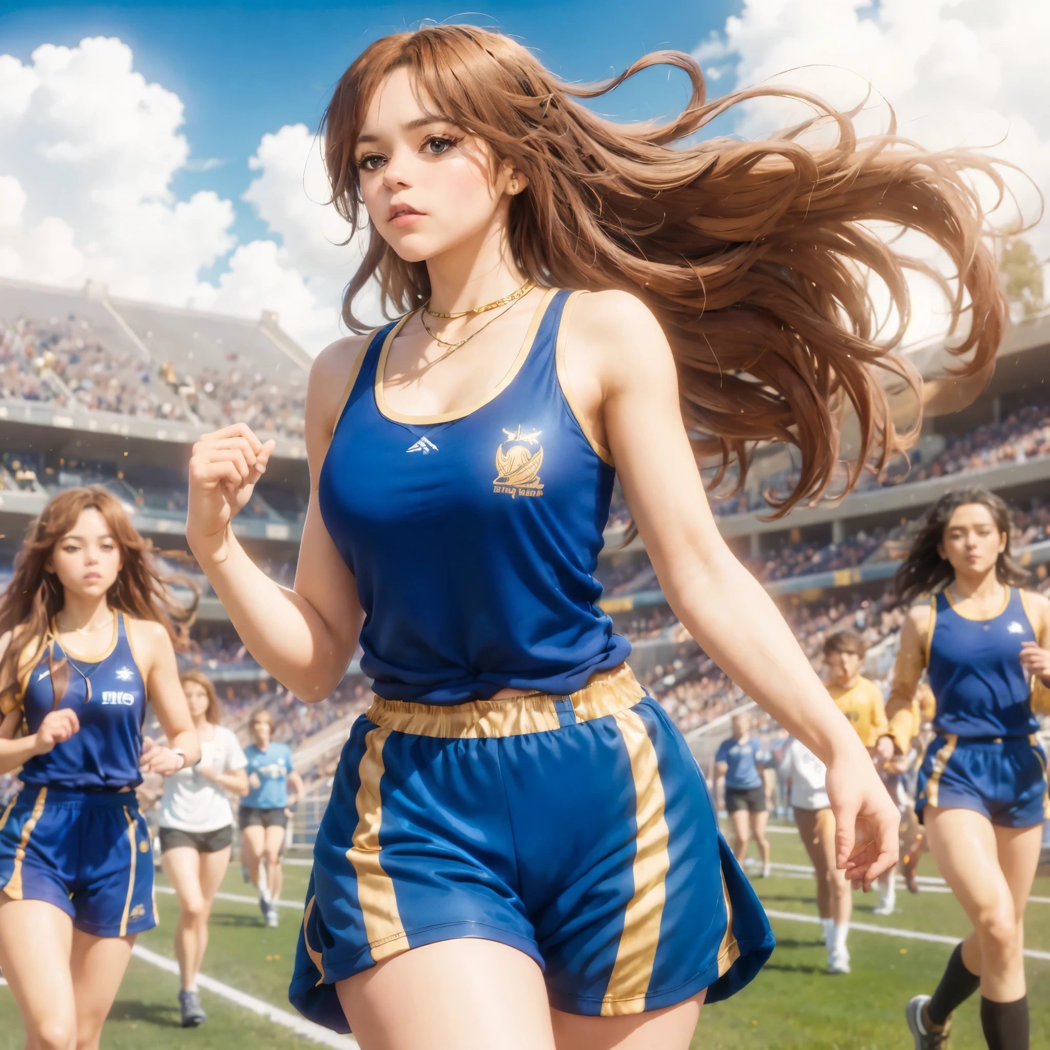 (best quality,4k,8k,highres,masterpiece:1.2),ultra-detailed, 1girl, Celtic Goddess Epona as a college student, jennao, Chestnut Brown hair, Hazel eyes, wearing blue track top with gold sleeves and blue thigh length track shorts with gold stripes, competing at a track meet, HDR, 8k, absurdres, cinestill 800, sharp focus