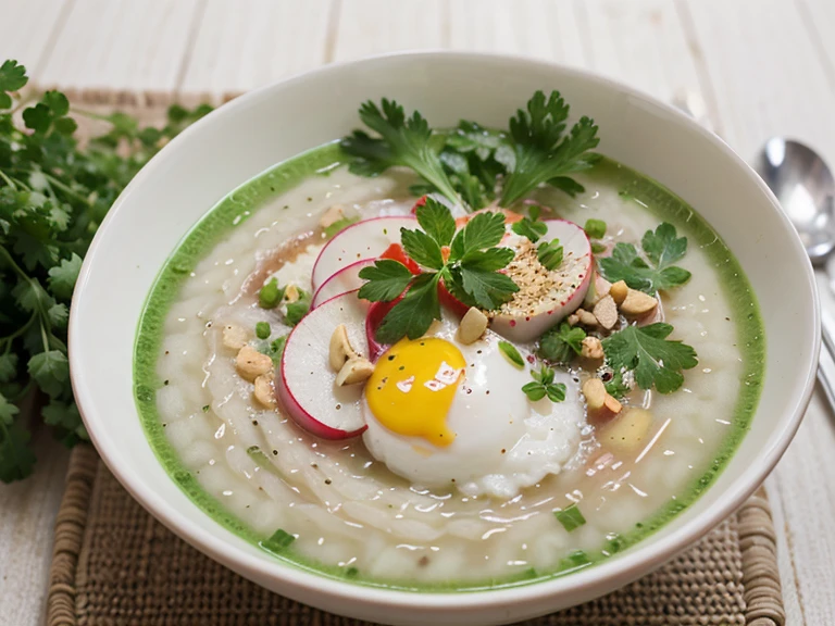 the seven herb rice porridge, celery, potherb mustard, spiderwort, chervil, white clover, turnip, and radish