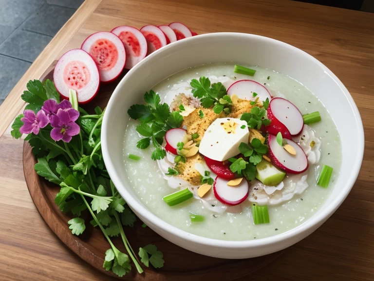 the seven herb rice porridge, celery, potherb mustard, spiderwort, chervil, white clover, turnip, and radish