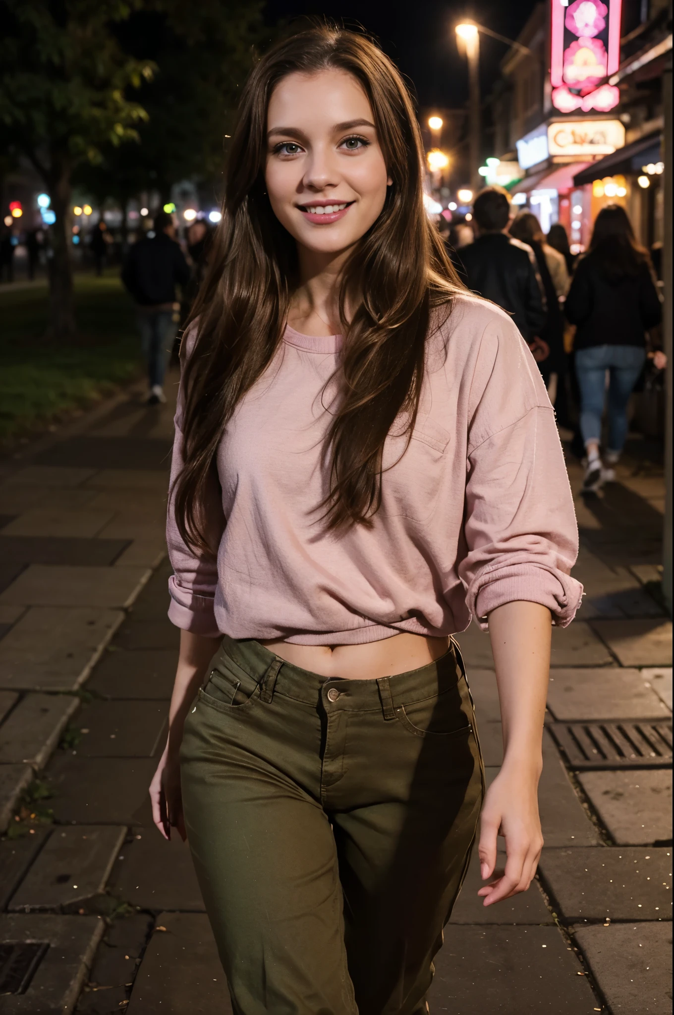 night shot of 29 year old woman with dirty long brown hair, wearing trendy casual cloths, pink lips, walking and smiling outside, dirty brown hair, green eyes, realistic photography