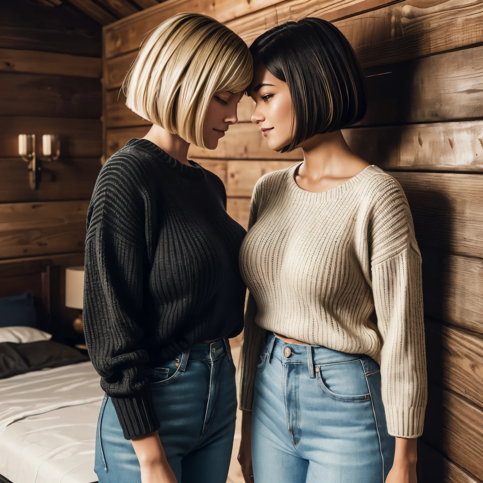 Two girls in a cabin in the woods, dressed in knitted sweaters,, kissing, (Isabel Merced, blond, bob_cut hair),(Isabel Merced, black hair, bob_cut hair), (skin texture:1.1), (high detail face:1.1), full bodyshot, high detail body, high detail clothes, smiling seductively, (big breasts:1.3),(masterpiece), (realistic), ultra high definition, 4k, ultra high resolution, film grain, cinematic lighting, rim lighting, photo by Arny Freytag, RAW image