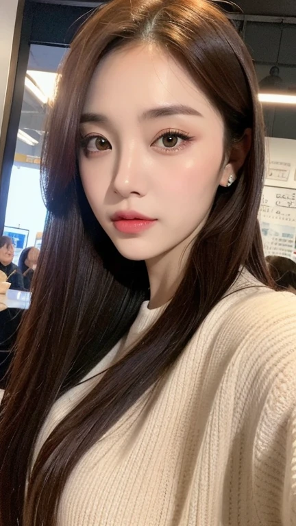 realistic, high resolution, 8k wallpapers, Complete dynamic configuration, Korean Background, beautiful detailed eyes, normal sized eyes, long straight hair, red hair vibrant lips, big bust, Random and plain generic poses, random case, Winter clothes, winked, 40 year old woman, Korean woman, (drooping eyes 1.2), (sagging eyebrows 1.2), very beautiful appearance, slim body, natural makeup, Selfie
