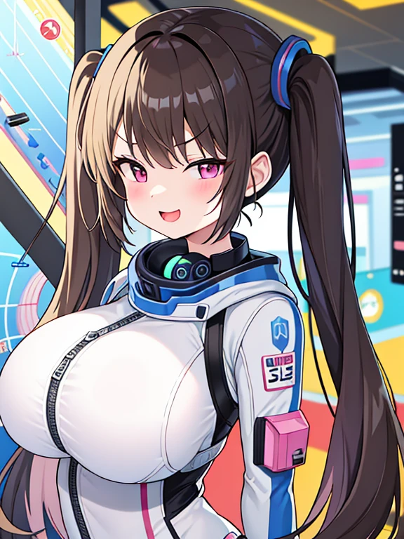 very detailed、masterpiece、high quality、one high school girl、************、****、(white and pink space suit)、front zipper、(Futuristic, Tight Fit Bodysuit)、headphone、Cyberpunk space station interior background、(blonde),ロングtwin tails, (pink eyes), change,twin tails,sassy change，cheey change，mesugaki,girl,天才girl、(big breast):1.1,(blush):1.1、