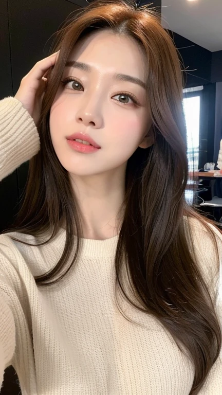 realistic, high resolution, 8k wallpapers, Complete dynamic configuration, Korean Background, beautiful detailed eyes, normal sized eyes, long straight hair, red hair vibrant lips, big bust, Random and plain generic poses, random case, Winter clothes, winked, 40 year old woman, Korean woman, (drooping eyes 1.2), (sagging eyebrows 1.2), very beautiful appearance, slim body, natural makeup, Selfie, Top-dressing