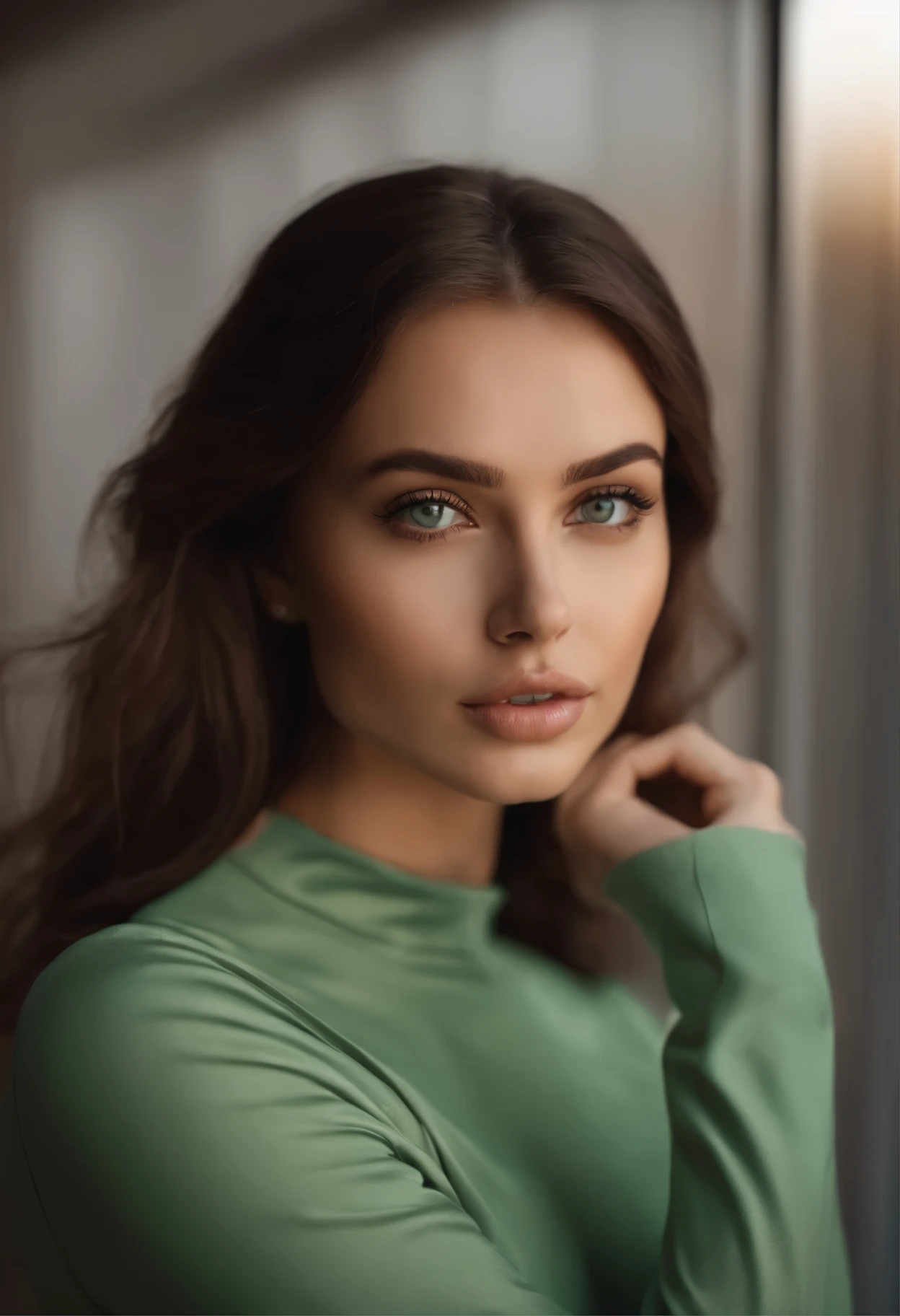 arafed woman with a turtleneck, behind a wall, with green eyes, portrait sophie mudd, brown hair and large eyes, selfie of a young woman, bedroom eyes, violet myers, without makeup, natural makeup, looking directly at the camera, face with artgram, subtle makeup, stunning full body shot, piercing green eyes, beautiful angle, attractive pose, cute girl, sexy pose, half body picture, half body, half body shoot, brunette goddess, high detail, satisfied pose, leather pants, close up