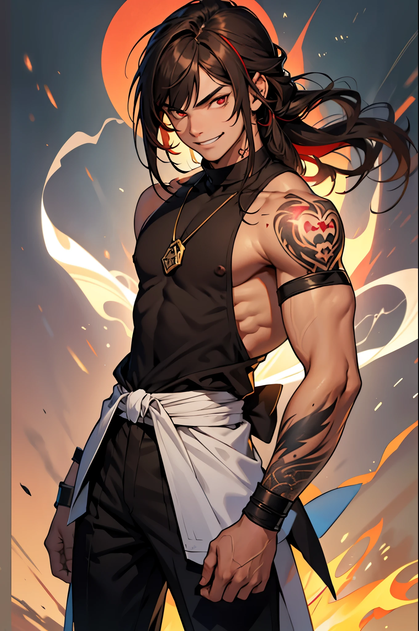 solo, Looking at the viewer, grin, long hair, shoulder length hair, Small bangs , Dark brown hair, (tattoo on the arm:1.2), bright red eye color, Closed mouth, standing, full length, Boy's trick, grin, Facing viewer, neck open, Athletic body,(Magic:1.3), (aura:1.3), boy, Masculine facial features, boy, brawn, boy, 17 years old, teenager, fucking magician, 15 years old boy, boy, teenager