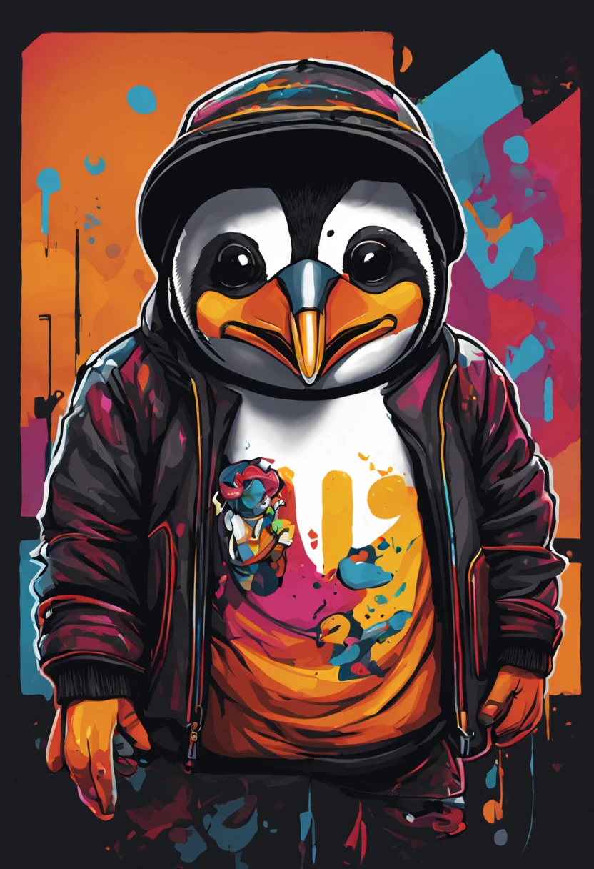 arte da camiseta, 2D, ((fundo preto :1, 5)), vetor, vivid colors, Funny character pinguim personagem COM roupa ESTILO hip hop , melhor qualidade, detalhes intrincados, Realistic details, luz de aro, cinematic shading, Greg Rutkowisk,
