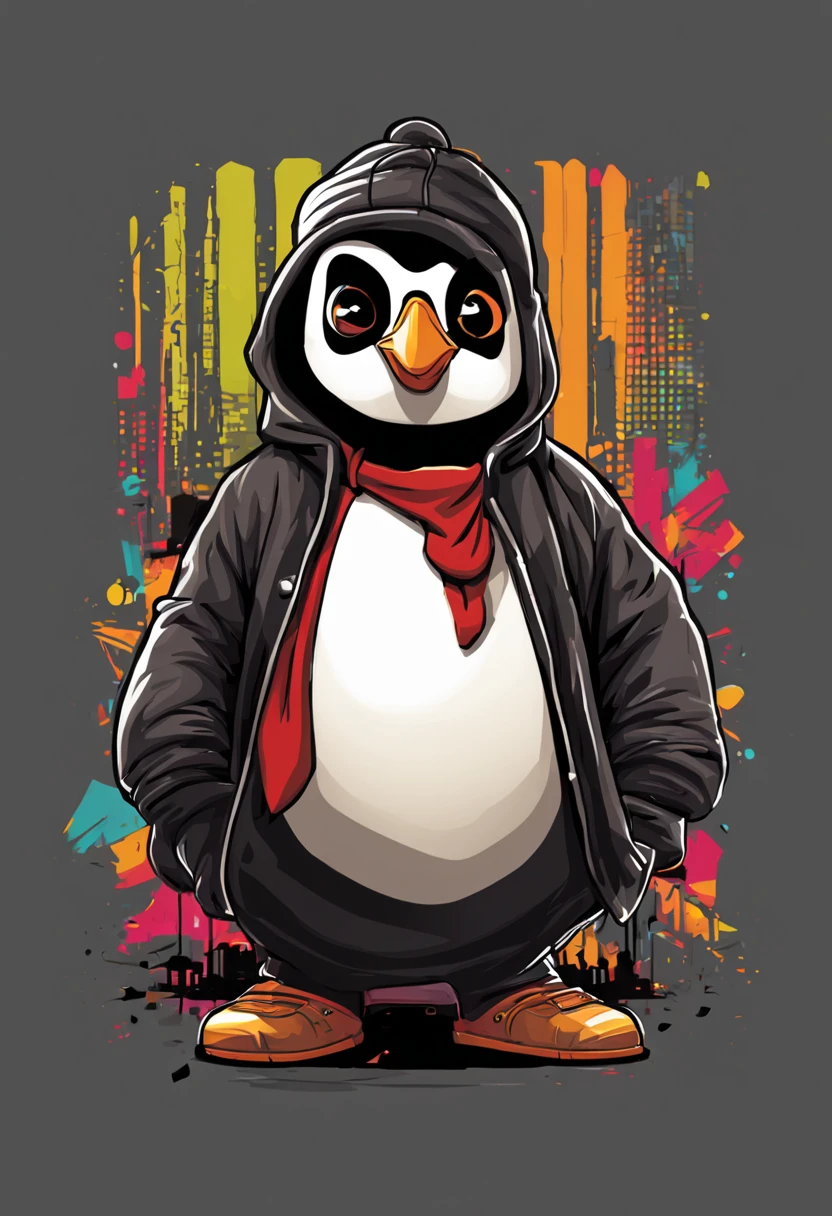 arte da camiseta, 2D, ((fundo preto :1, 5)), vetor, vivid colors, Funny character pinguim personagem COM roupa ESTILO hip hop , melhor qualidade, detalhes intrincados, Realistic details, luz de aro, cinematic shading, Greg Rutkowisk,