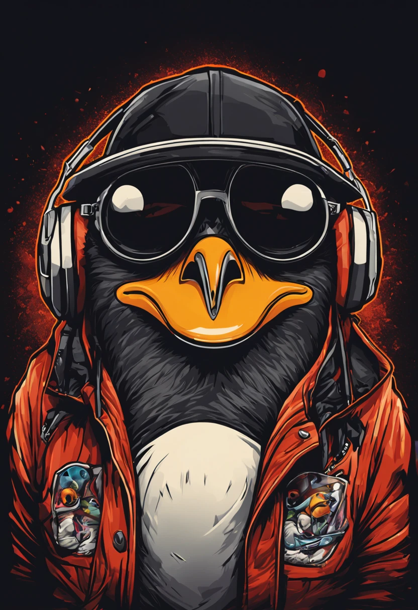arte da camiseta, 2D, ((fundo preto :1, 5)), vetor, vivid colors, Funny character pinguim personagem COM roupa ESTILO hip hop , melhor qualidade, detalhes intrincados, Realistic details, luz de aro, cinematic shading, Greg Rutkowisk,
