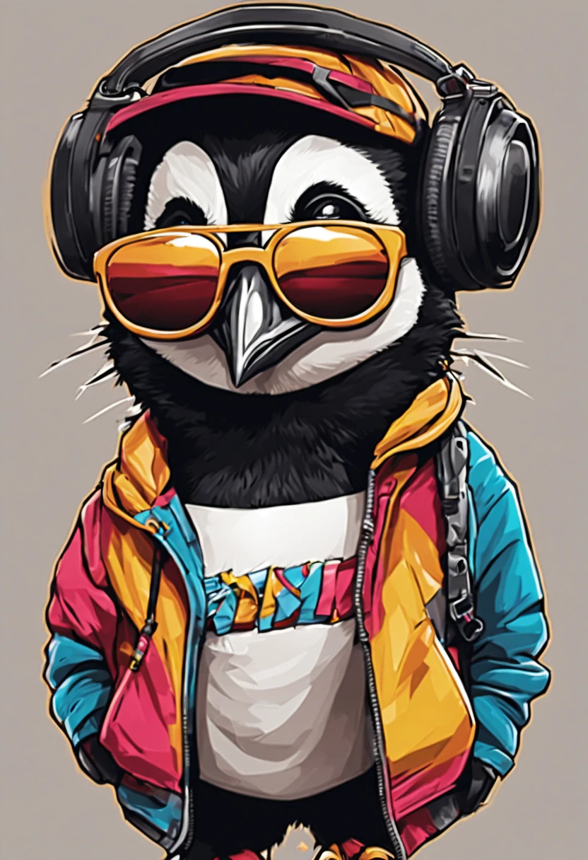 arte da camiseta, 2D, ((fundo preto :1, 5)), vetor, vivid colors, Funny character pinguim personagem COM roupa ESTILO hip hop , melhor qualidade, detalhes intrincados, Realistic details, luz de aro, cinematic shading, Greg Rutkowisk,