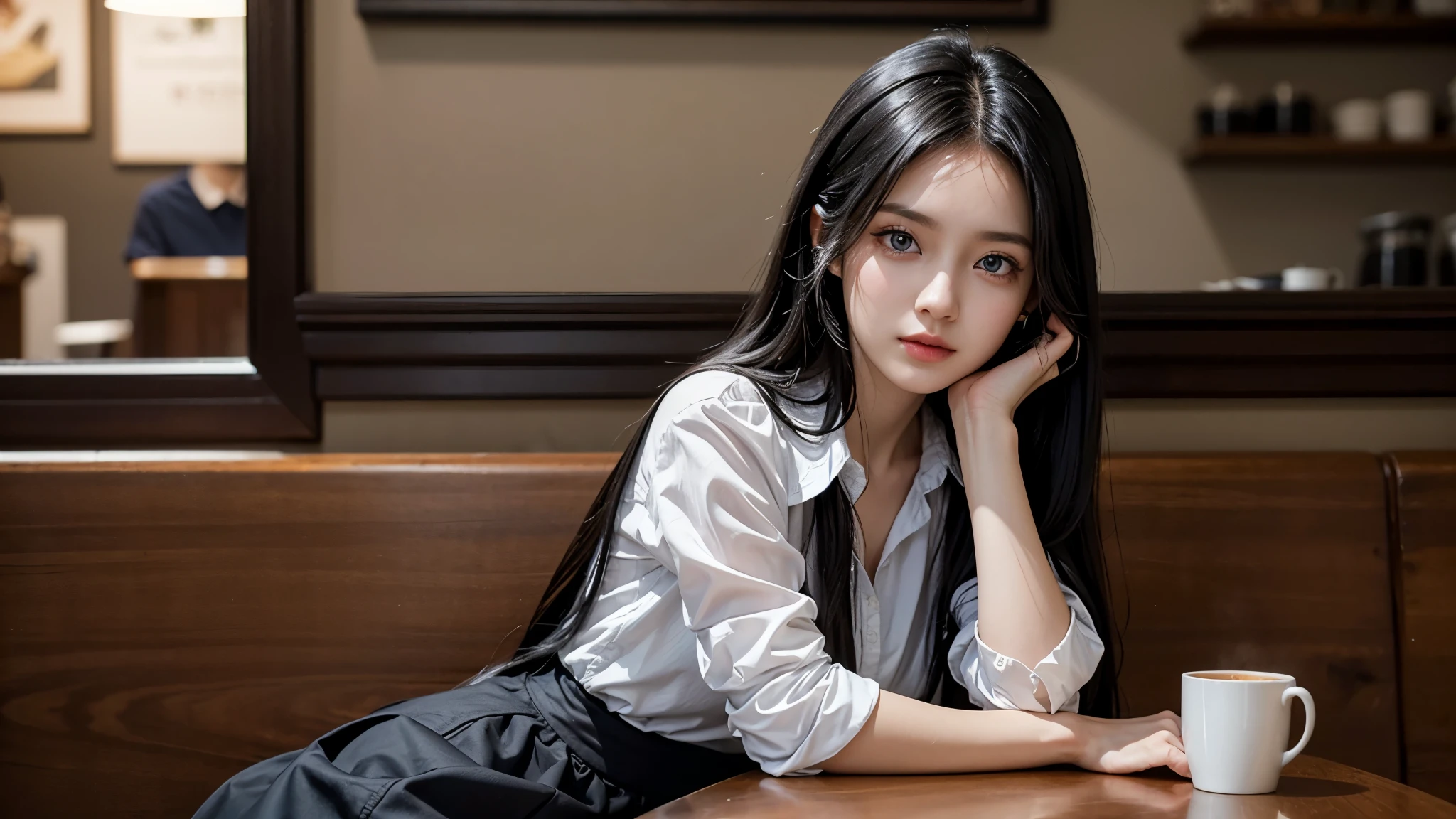 1girl, long black hair, blue eyes, wearing white blouse, black skirt, siting in a coffee shop, high res, ultra sharp, 8K, masterpiece, looking at viewer, the camera is on front of her
