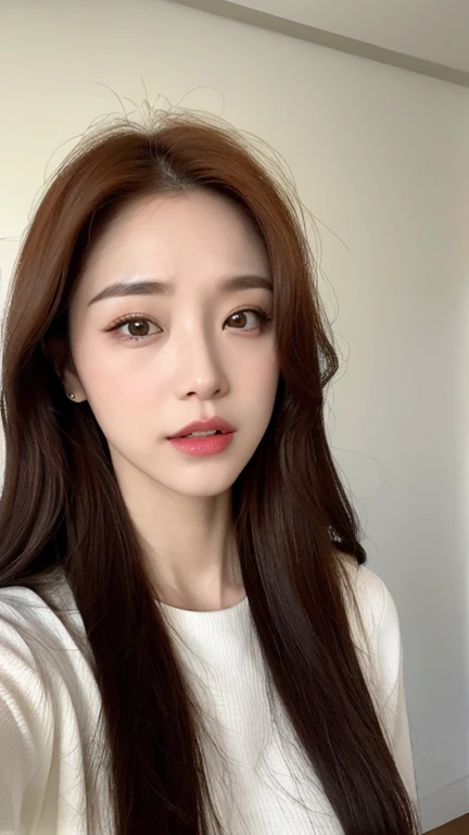 realistic, high resolution, 8k wallpapers, Complete dynamic configuration, Korean Background, beautiful detailed eyes, normal sized eyes, long straight hair, red hair vibrant lips, big bust, Random and plain generic poses, random case, Breast exposure, winked, 40 year old woman, Korean woman, (drooping eyes 1.2), (sagging eyebrows 1.2), very beautiful appearance, slim body, natural makeup, Selfie
